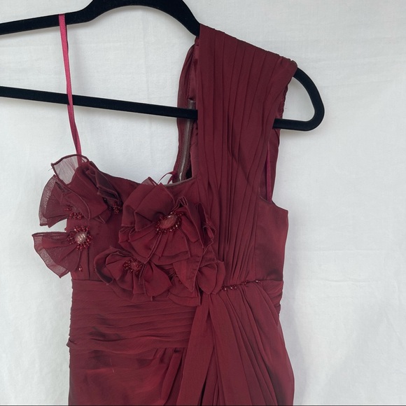Adrianna Papell Burgundy One Shoulder Sleeveless Beaded Ruched Long Prom Dress - Picture 5 of 12